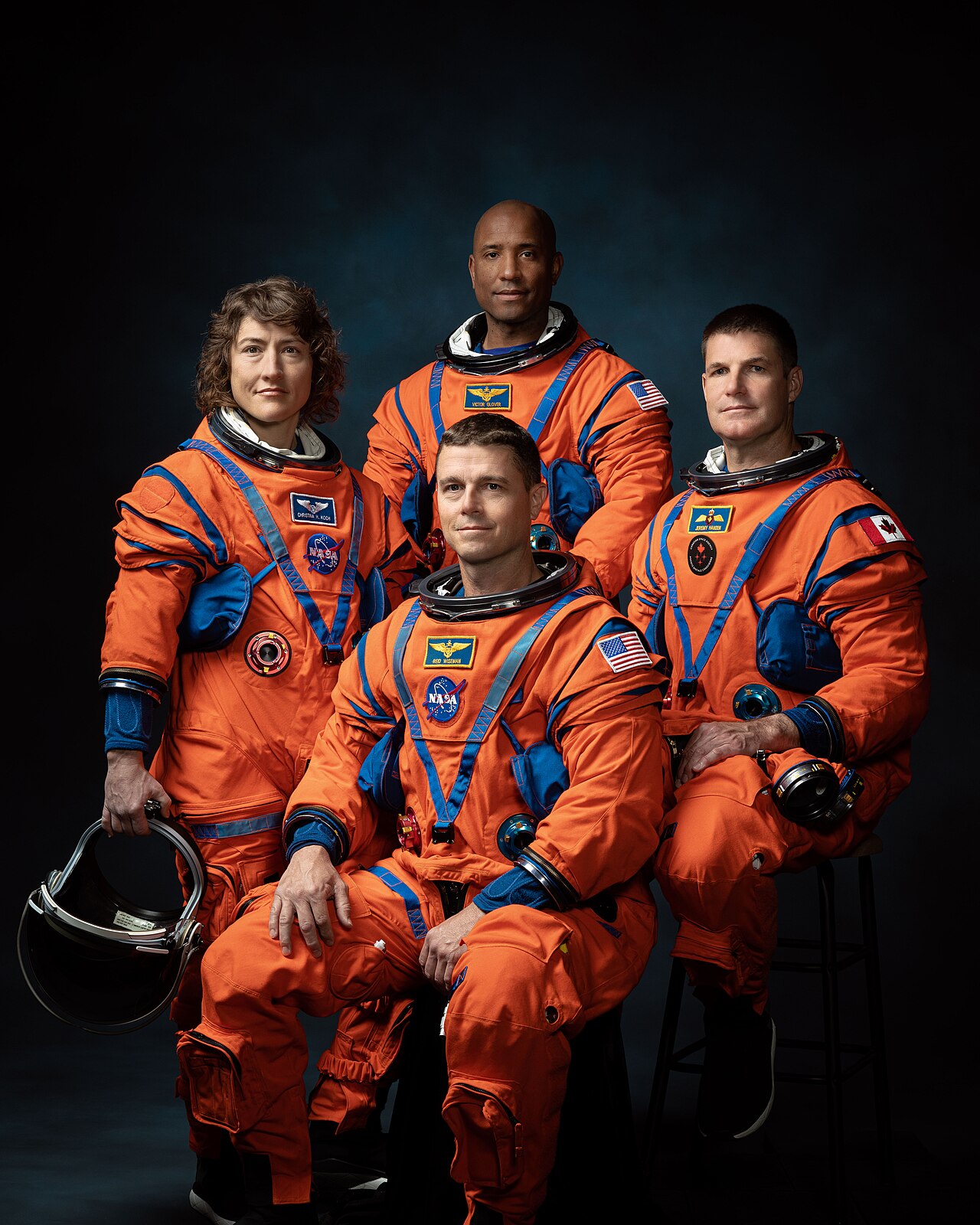 LOCATION: Bldg. 8, Room 183 - Photo Studio. SUBJECT: Official crew portrait for Artemis II, clockwise from left: NASA Astronauts Christina Koch, Victor Glover, Canadian Space Agency Astronaut Jeremy H