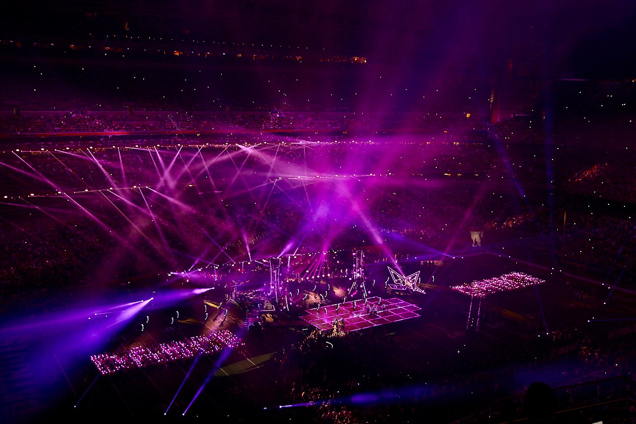 View of the stage during the Super Bowl LI halftime show with Lady Gaga performing the song "Just Dance".