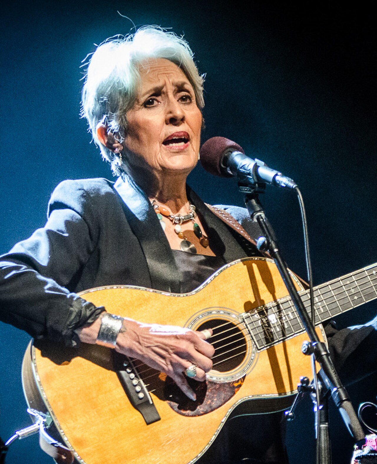 Joan Baez singing to a sold out audience in Albany, New York at the Egg Performing Arts Center. Photo by Jim Gilbert