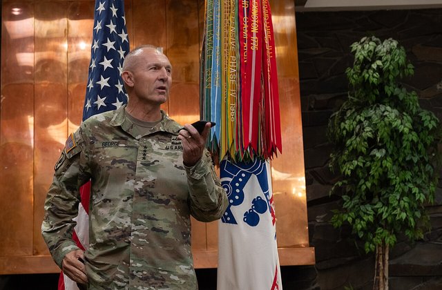 Gen. Randy George, former Vice Chief of Staff of the Army, takes the oath of office via a phone call with Christine Wormuth, Secretary of the Army, as he was sworn in as the Army’s 41st Chief of Staff