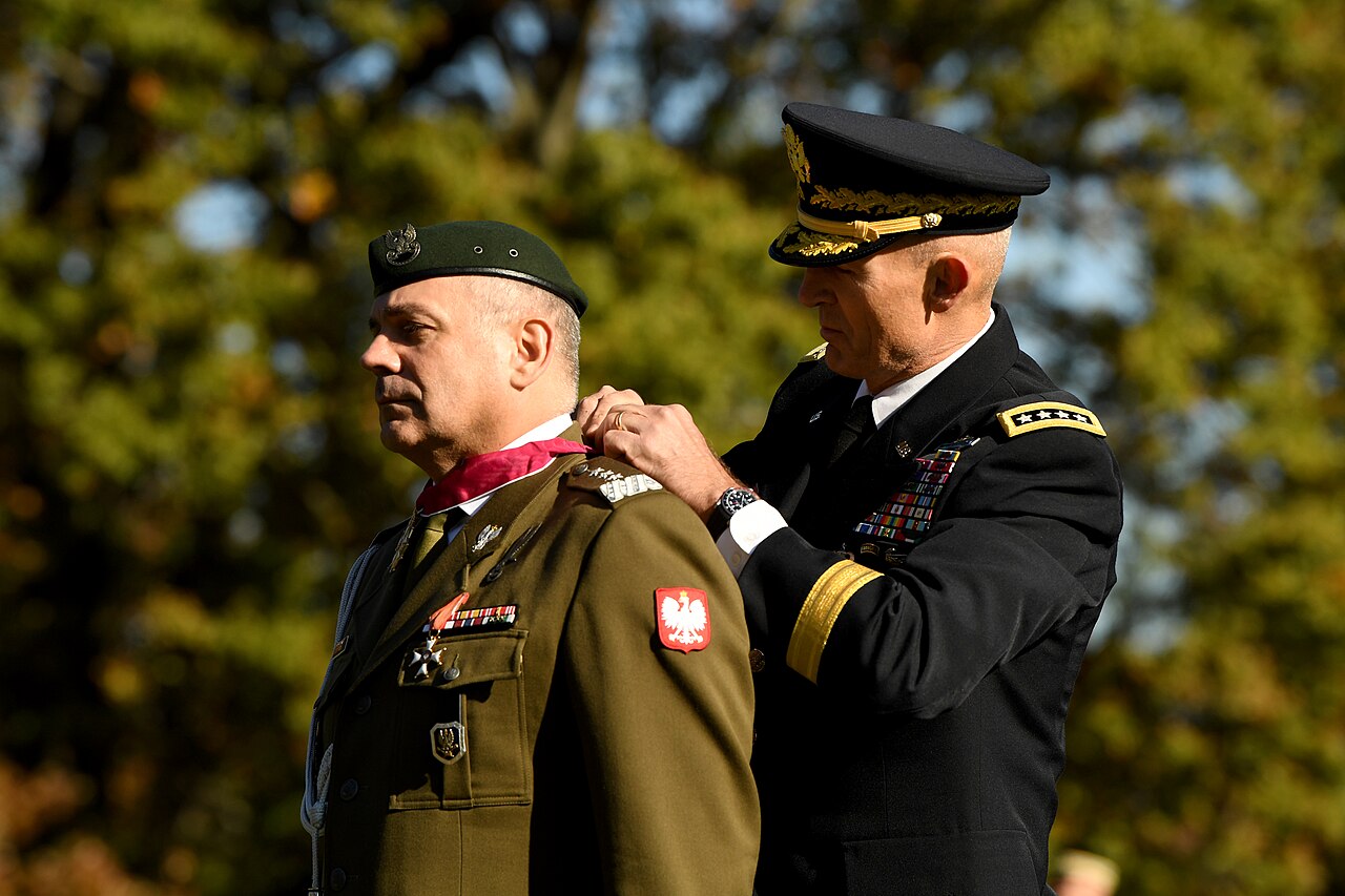 Chief of Staff of the U.S. Army Gen. Randy A. George, right, presents the Legion of Merit to Chief of the General Staff of the Polish Armed Forces Lt. Gen. Wieslaw Kukula during an Army Armed Forces A