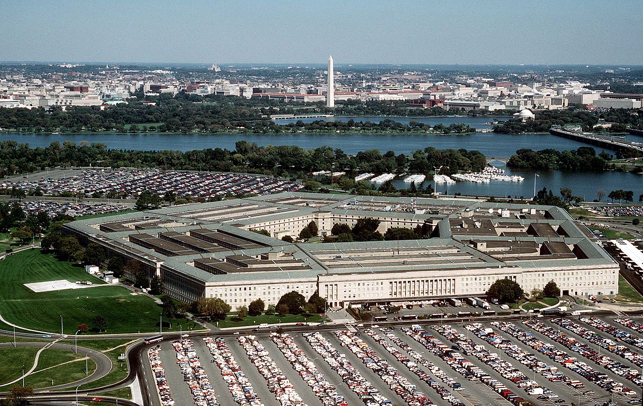 The Pentagon, looking northeast with the Potomac River and Washington Monument in the distance.
The Tidal Basin is seen just below the Washington Monument. The marina which is visible is in Pentagon L
