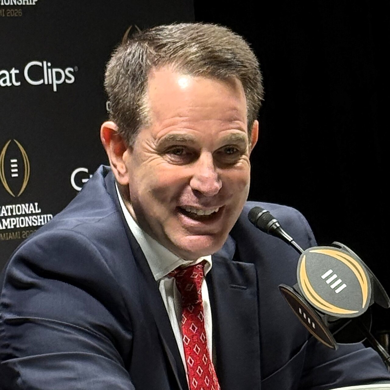 Curt Cignetti, head coach of the Indiana Hoosiers, at the media day press conference in the Miami Beach Convention Center ahead of the 2026 College Football Playoff National Championship versus the Mi