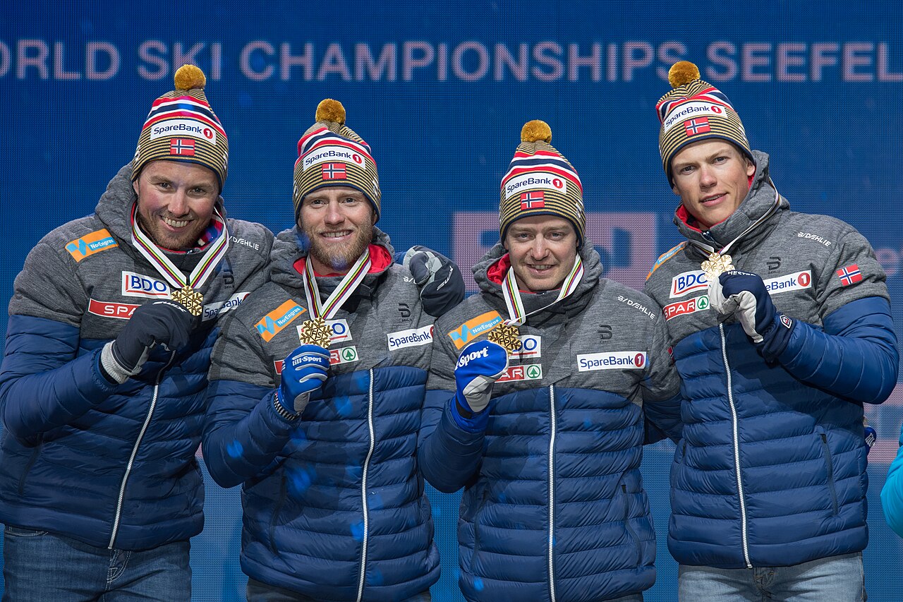 FIS Nordic World Ski Championships Seefeld 2019 - Medal Ceremony at the Medal Plaza. Picture shows Emil Iversen (NOR), Martin Johnsrud Sundby (NOR), Sjur Roethe (NOR), Johannes Hoesflot Klaebo (NOR).