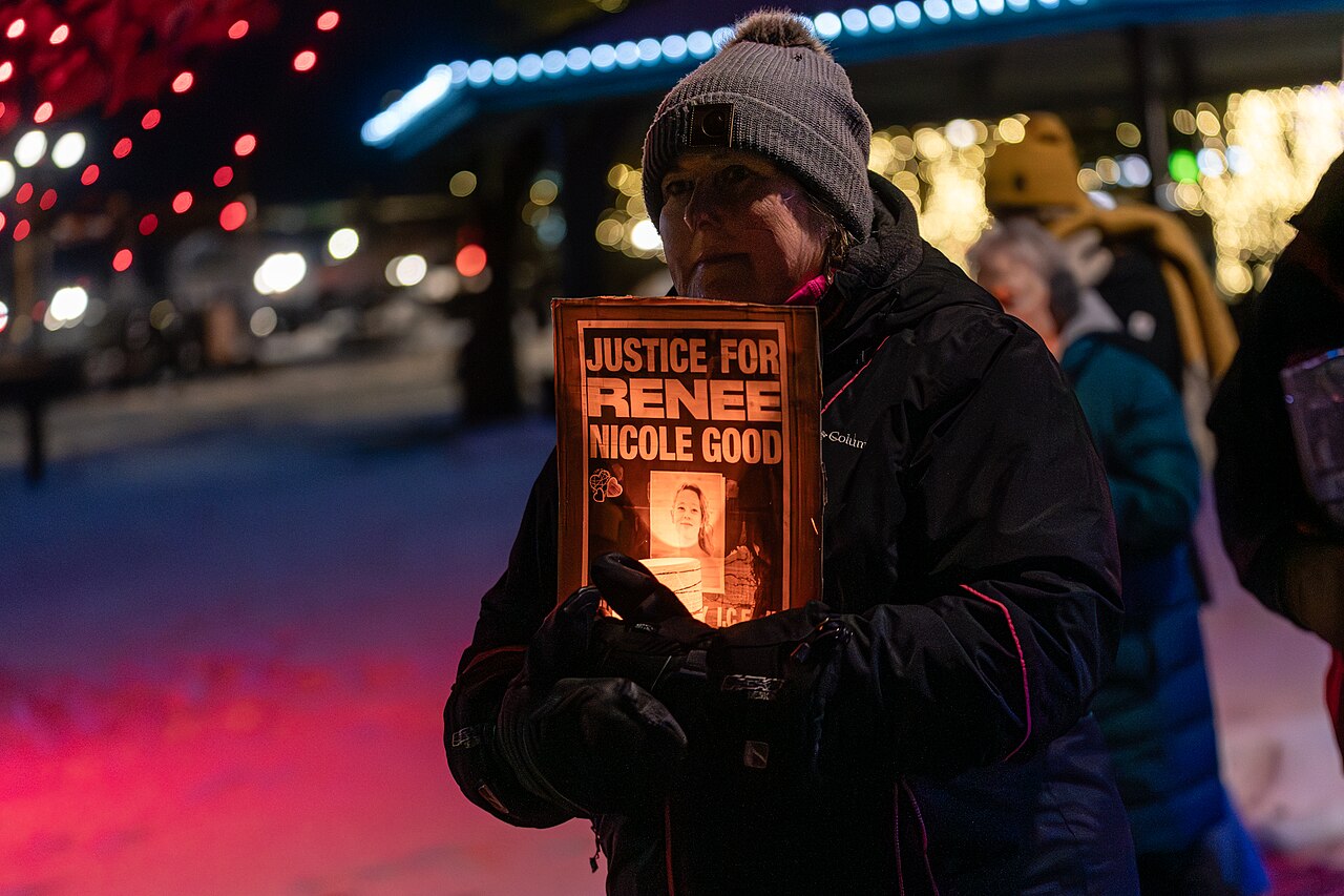 A community member holds a "Justice For Renee Nicole Good" sign during a candlelight vigil for Good at Paul Bunyan Park on January 9, 2026 in Bemidji, Minnesota


Photograph by Lorie Shaull.