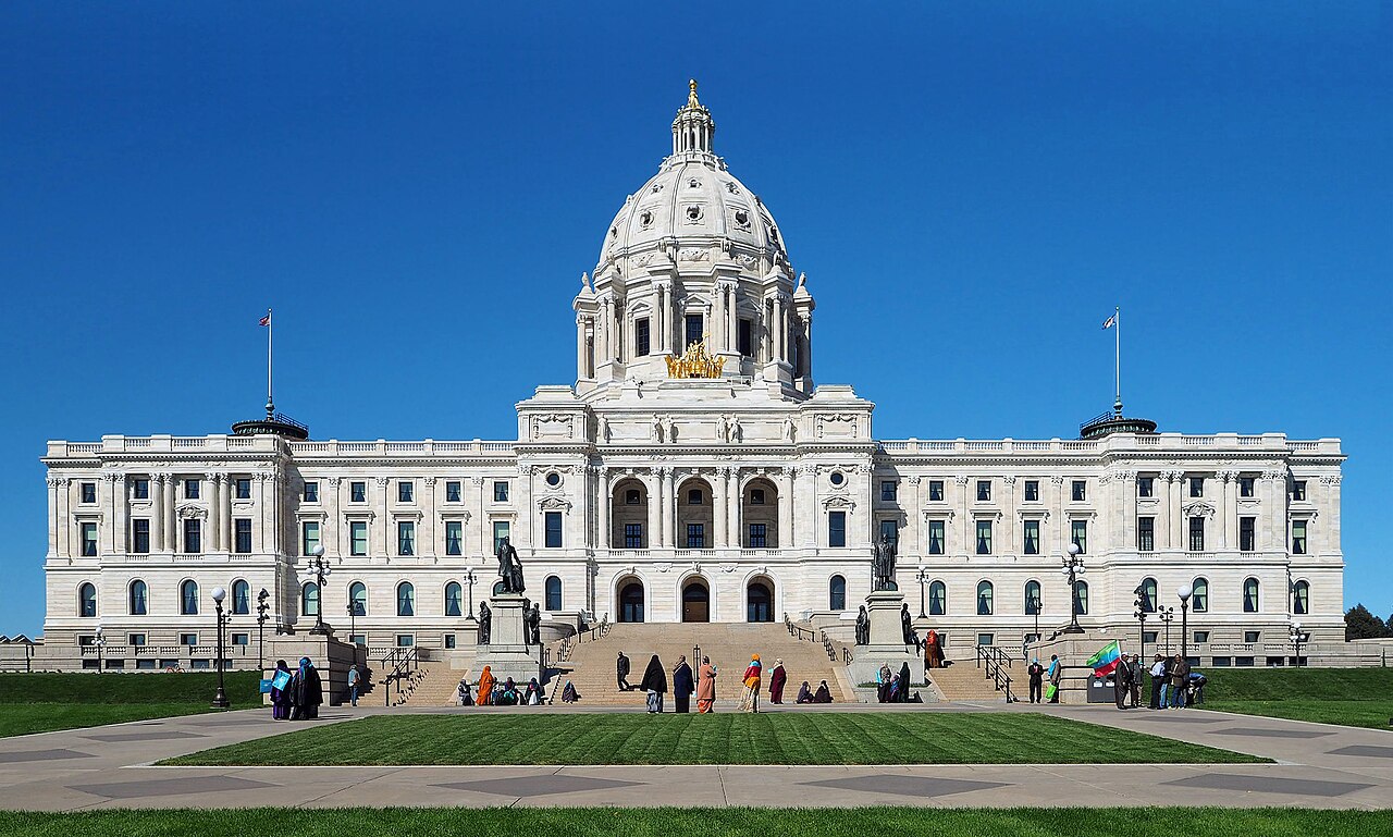 Minnesota State Capitol, 75 Rev Dr Martin Luther King Jr Blvd, St Paul, Minnesota, USA.  Viewed from the south during a small demonstration by Somali Americans.