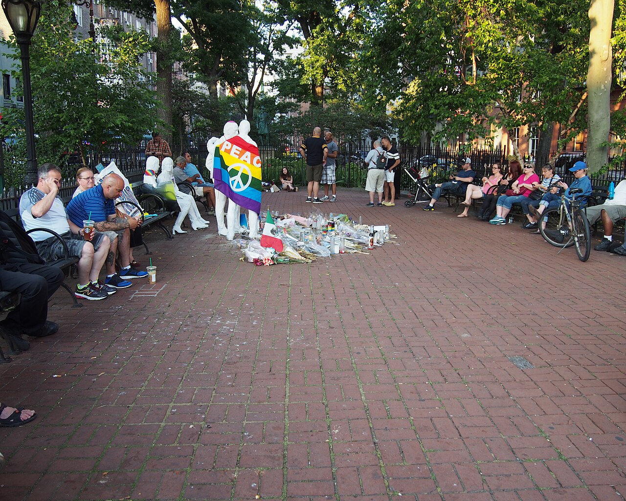 Christopher Park in Manhattan's Greenwich Village. The park is in the 7.7-acre area designated as the Stonewall National Monument the day before this picture was taken, on Pride weekend in NYC, and le