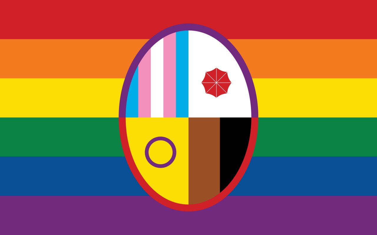 Rainbow Pride Flag with coat of arms representing the Pride heritage - elliptical shape for persons of female gender and inside it vertically flags representing transgender, intersex, sexworkers and p