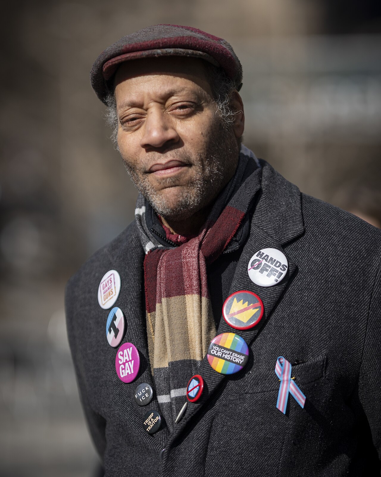 Jay W. Walker, president of Gays Against Guns, attends the March 1, 2026 rally in Manhattan opposing the discontinuation of gender-affirming care for minors at NYU Langone and Mount Sinai.