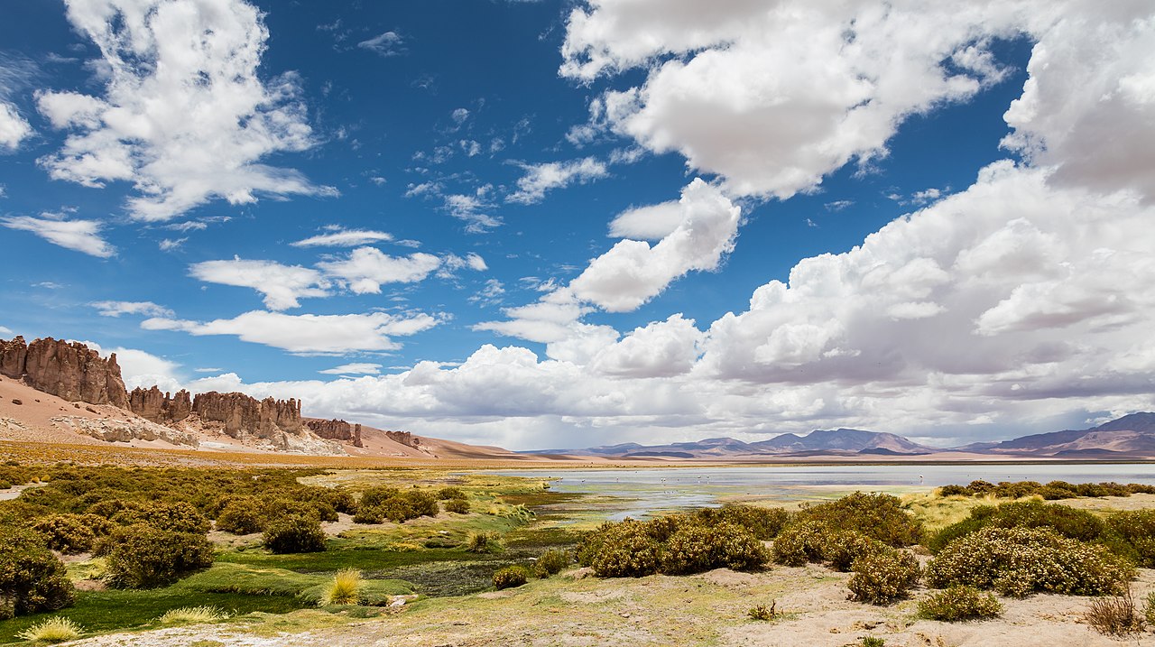 Panoramic view of the Tara Cathedrals (left) and the Tara salt flat in the Atacama Desert, northern Chile.